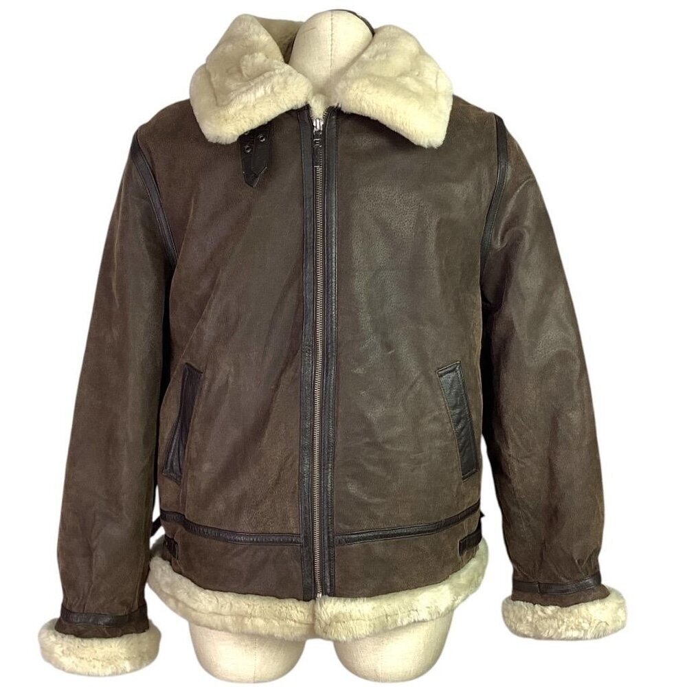 St. Johns Bay Flight Aviator Bomber Jacket Mens L Brown Leather Sherpa Lined